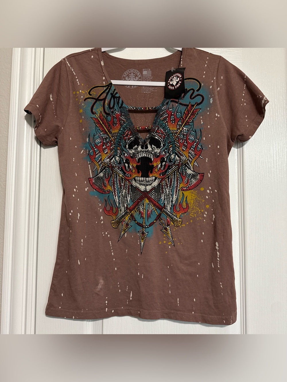 Affliction Brown Short-Sleeve Graphic Skull Cutout Tee